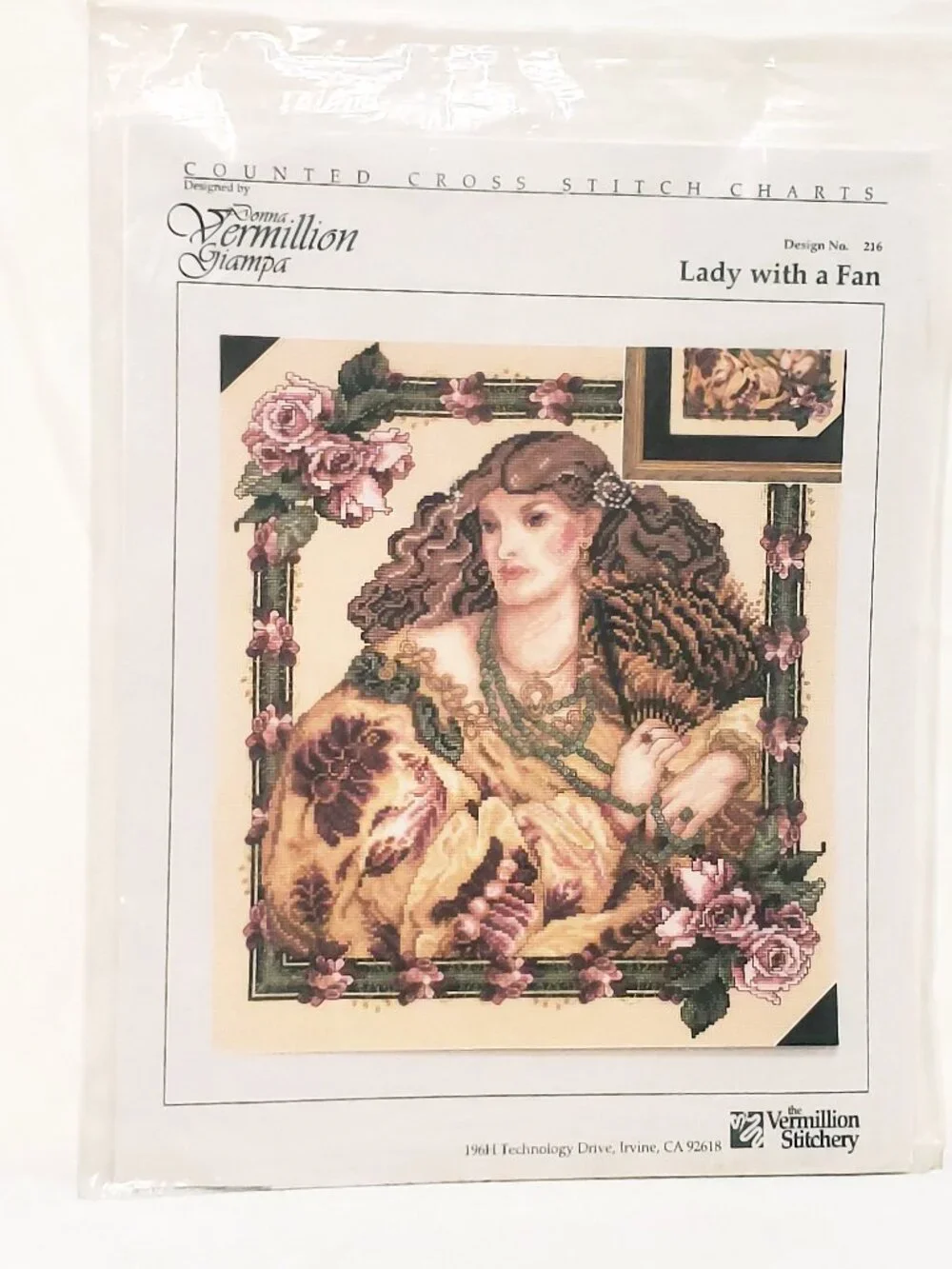 Lady with a Fan Pink Roses Cross Stitch Pattern Vermillion Stitchery